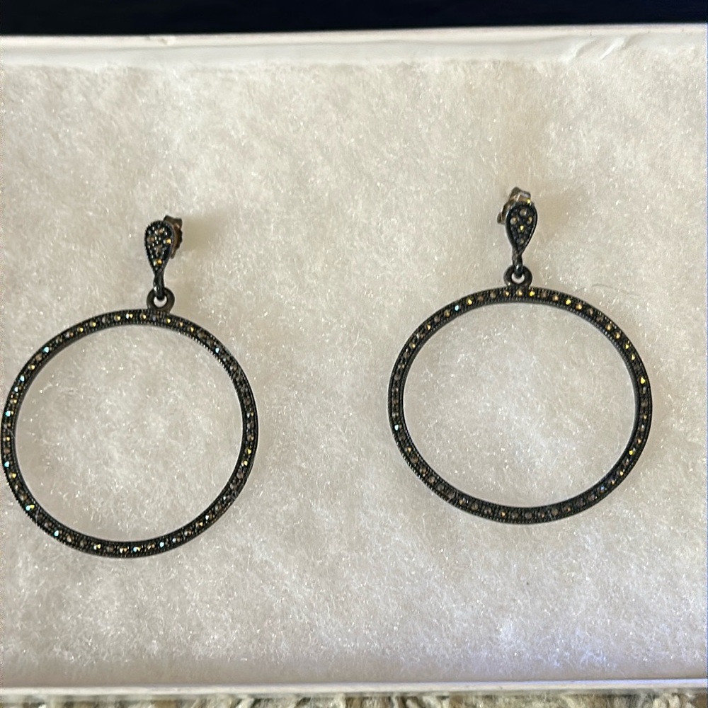 Sterling silver and brown topaz crystal pierced earrings drop circles.